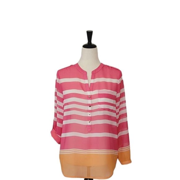 Apt. 9 Pink Striped 1/2 Button Rolled Tab Sleeve Sheer Chiffon Blouse Size MP - Picture 1 of 8